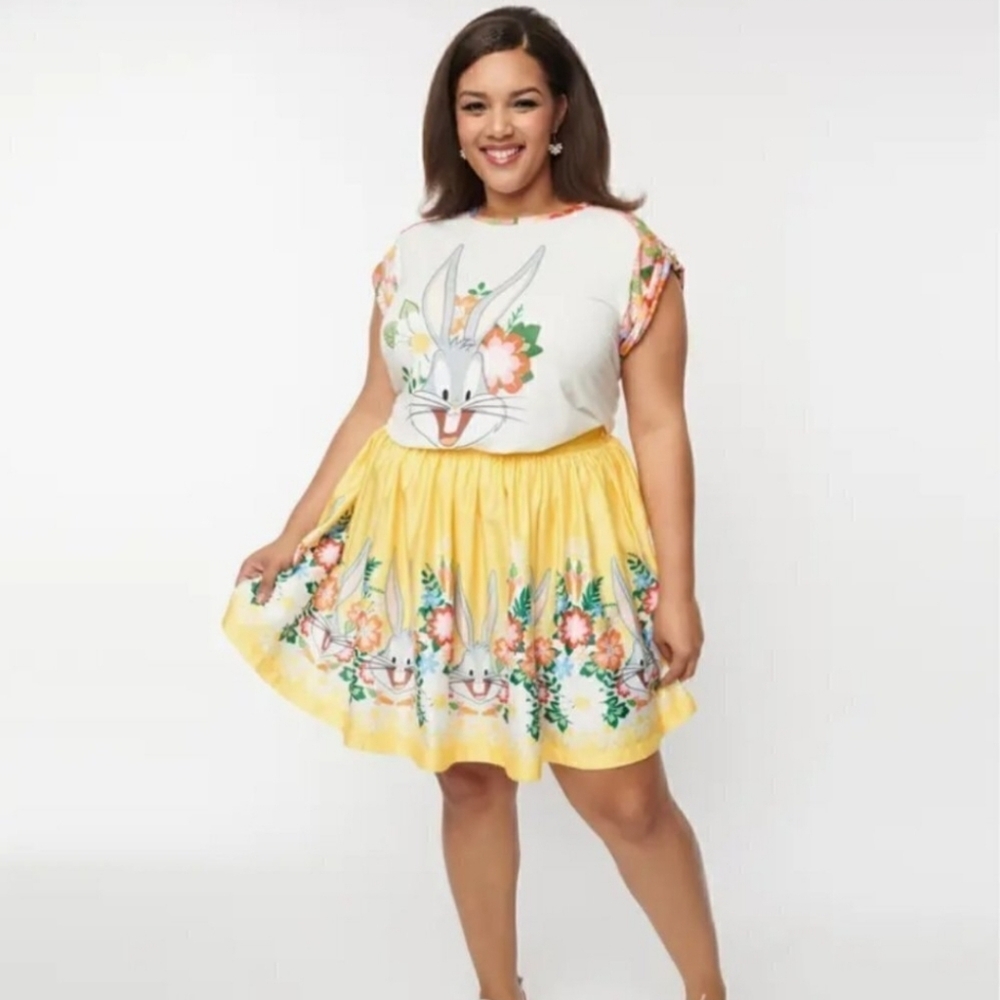 Looney Tunes x Unique Vintage Bugs Bunny Gathered A-Line Mini Skirt Yellow 5X/26